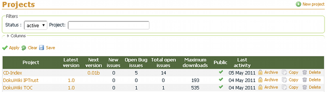 Customized columns in projects listing